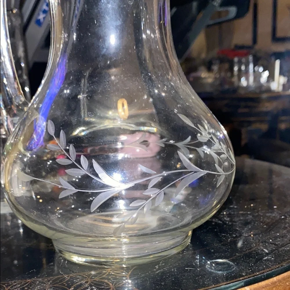 Elegant Clear Glass Pitcher with Floral Design 10 1/2” tall